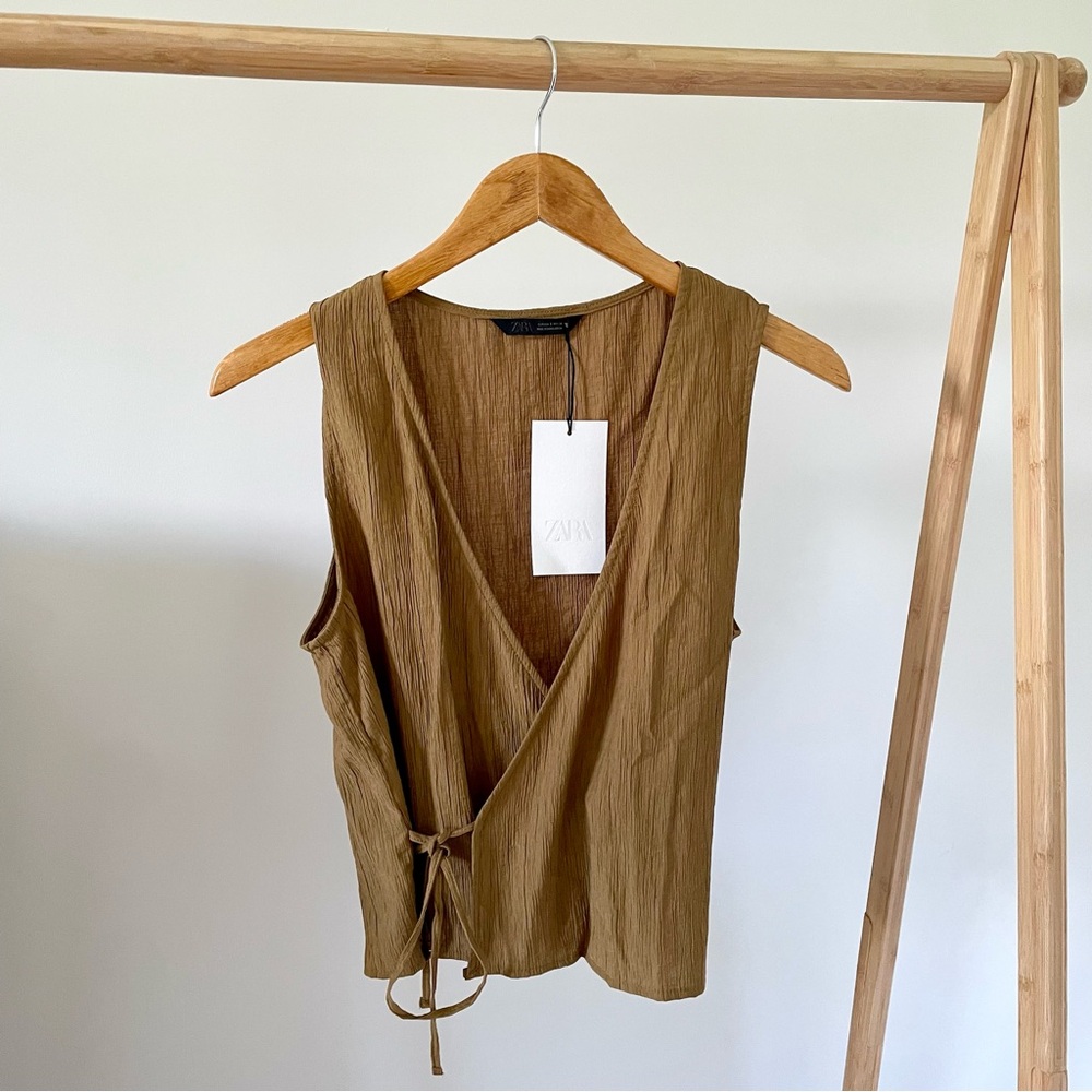 NWT Zara Textured Tie Front Wrap Tank Top in Mustard Brown - S - Picture 1 of 7